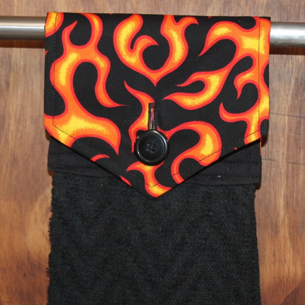 RED & ORANGE FLAME PRINT HANDMADE HANGING KITCHEN BLACK COTTON HAND TOWEL